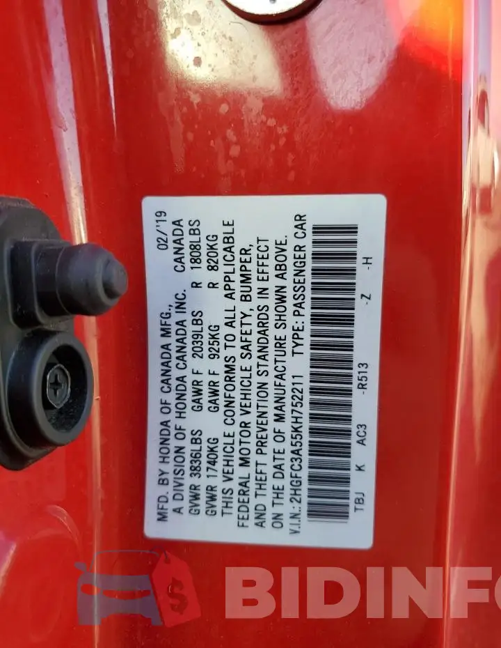2HGFC3A55KH752211 Photo# 13