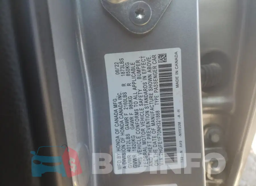 2HGFE1F70NH321868 Photo# 12