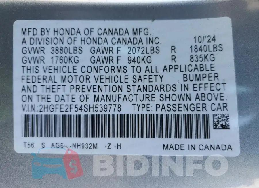 2HGFE2F54SH539778 Photo# 12