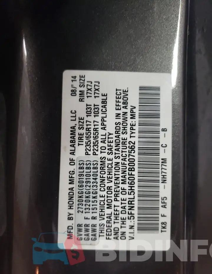 5FNRL5H60FB007562 Photo# 13