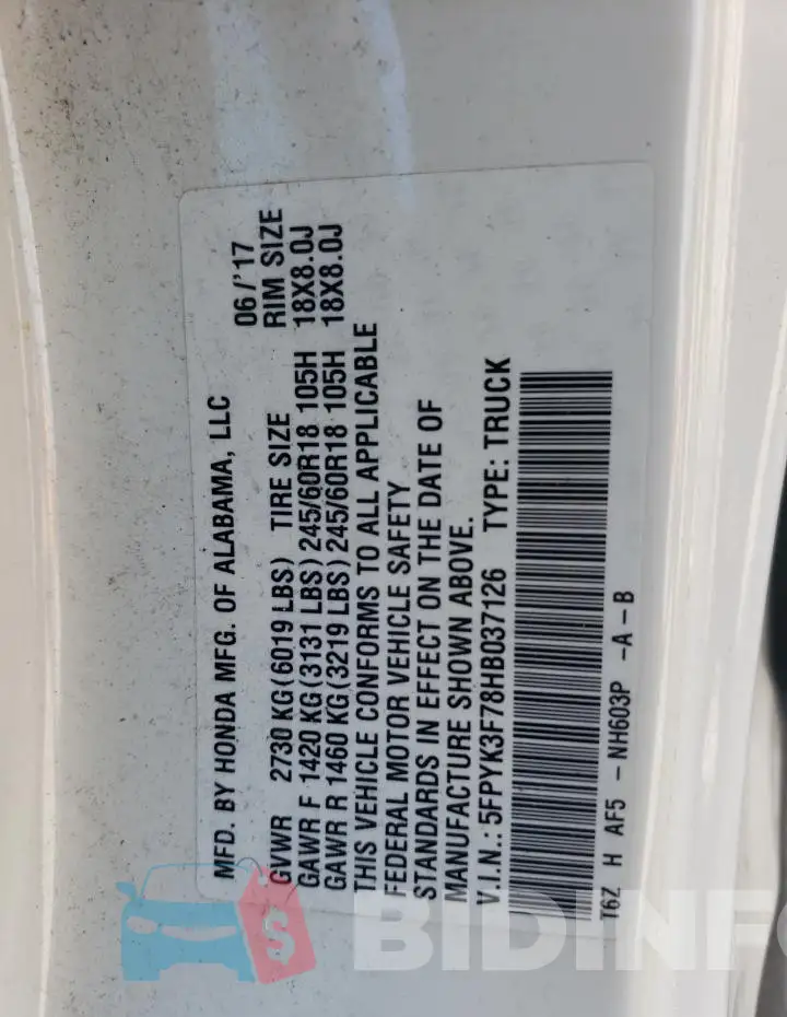 5FPYK3F78HB037126 Photo# 12