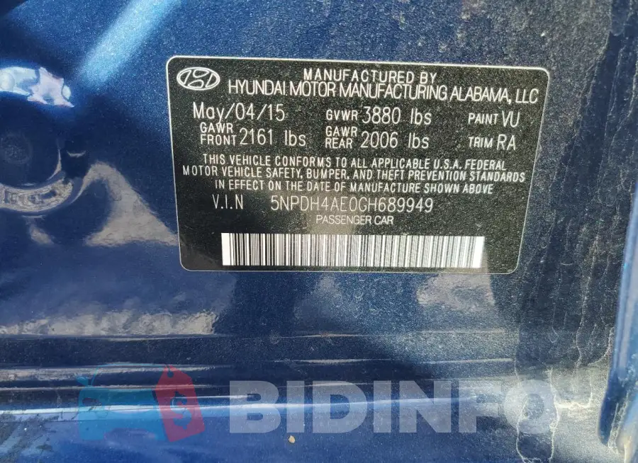 5NPDH4AE0GH689949 Photo# 12