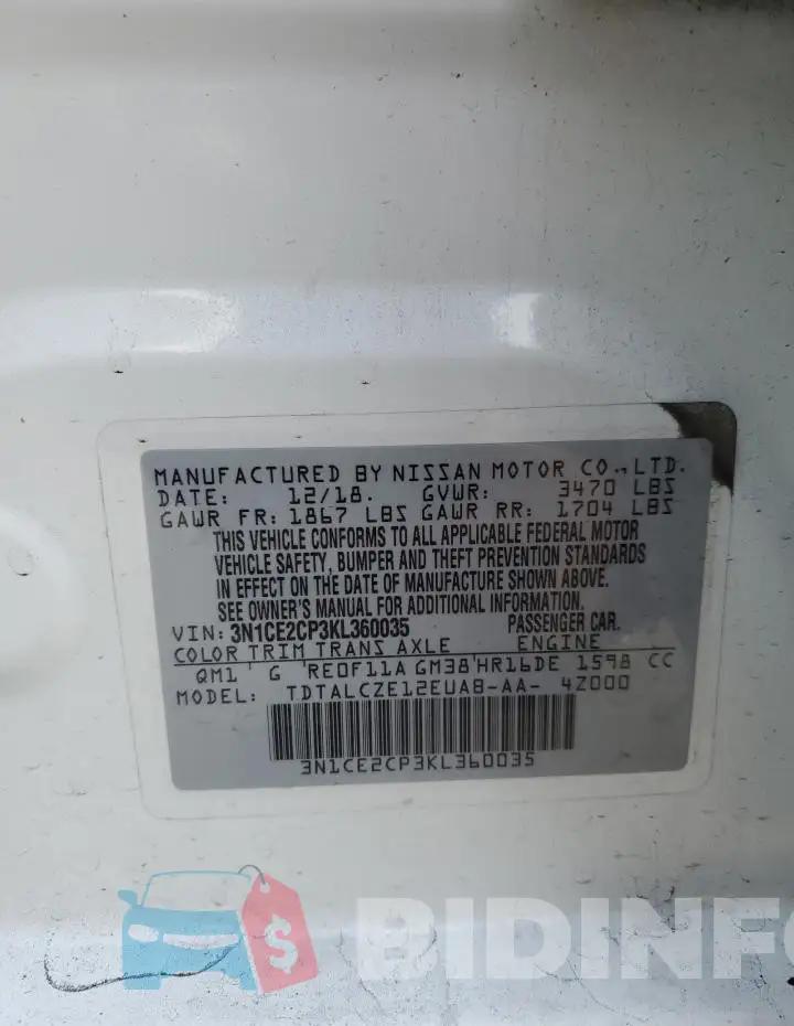 3N1CE2CP3KL360035 Photo# 13