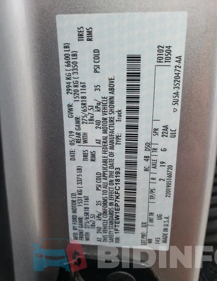 1FTEW1EP7KFC18193 Photo# 12