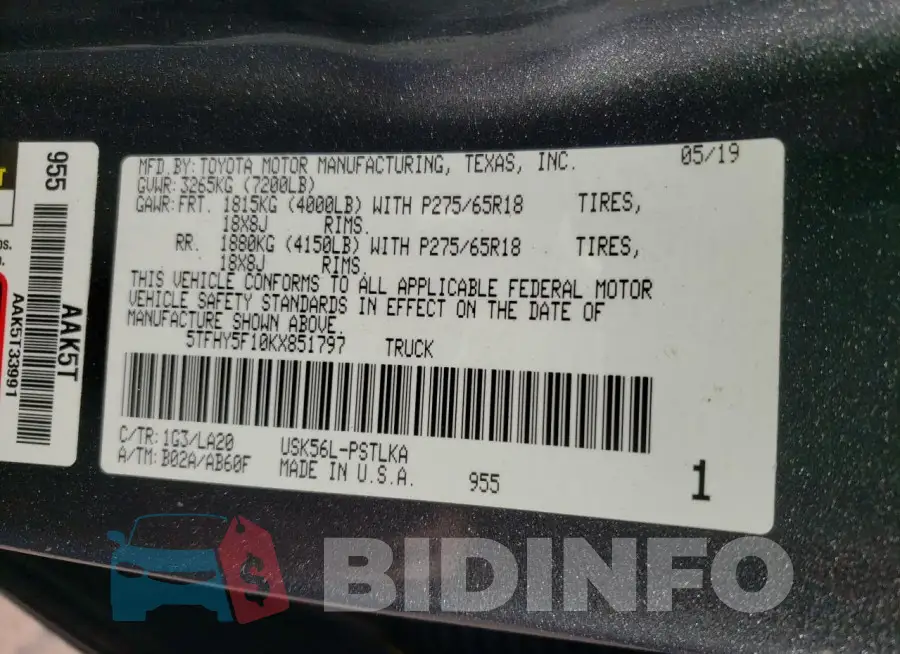 5TFHY5F10KX851797 Photo# 12