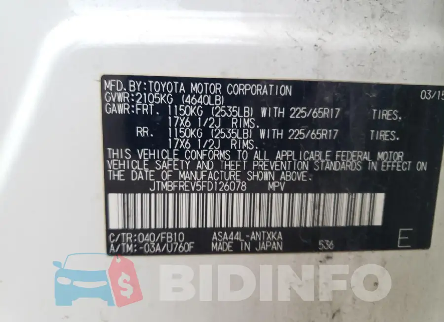 JTMBFREV5FD126078 Photo# 12