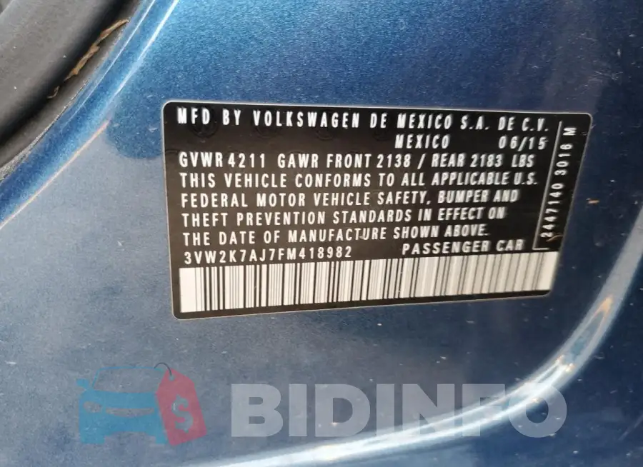 3VW2K7AJ7FM418982 Photo# 13