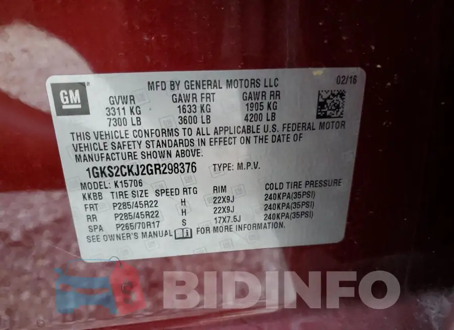 1GKS2CKJ2GR298376 Photo# 14