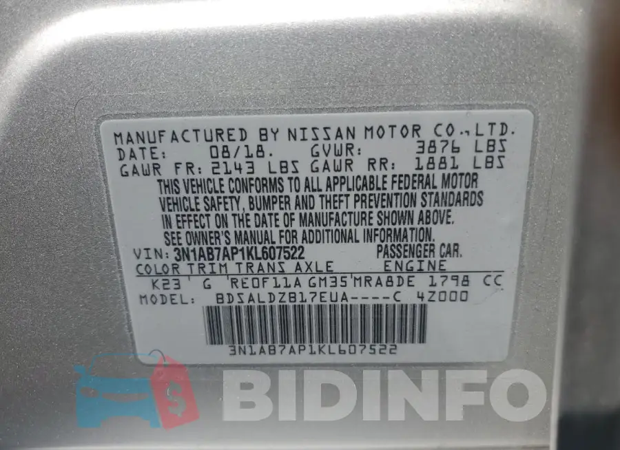 3N1AB7AP1KL607522 Photo# 12