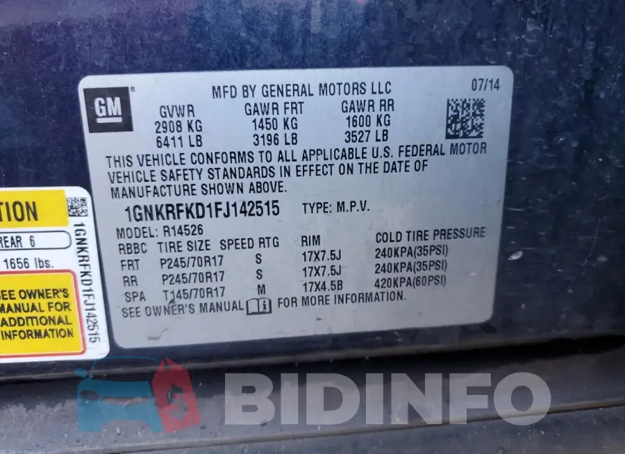 1GNKRFKD1FJ142515 Photo# 13