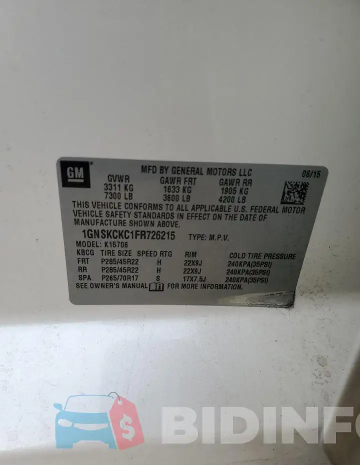 1GNSKCKC1FR726215 Photo# 13