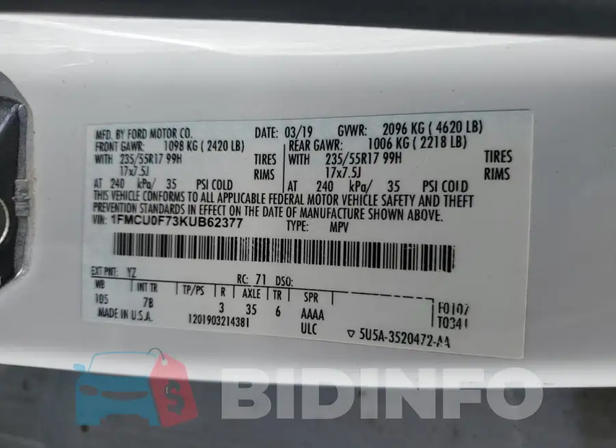 1FMCU0F73KUB62377 Photo# 12