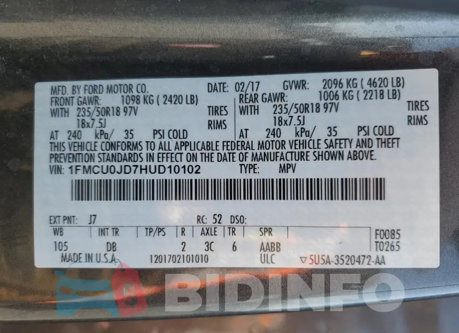 1FMCU0JD7HUD10102 Photo# 14