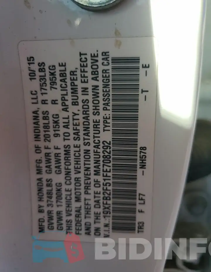 19XFB2F51FE708292 Photo# 13