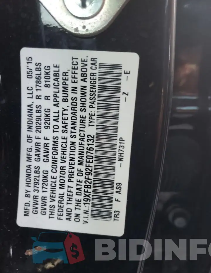 19XFB2F92FE076132 Photo# 13