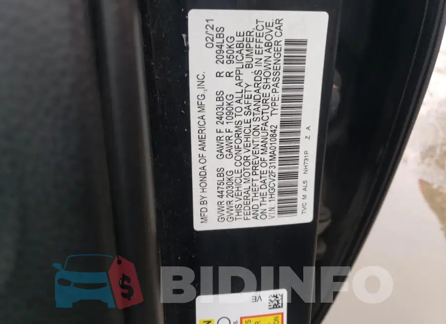 1HGCV2F31MA010842 Photo# 12