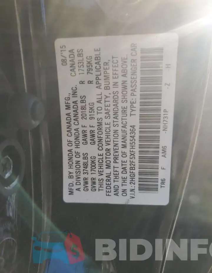 2HGFB2F5XFH554364 Photo# 12