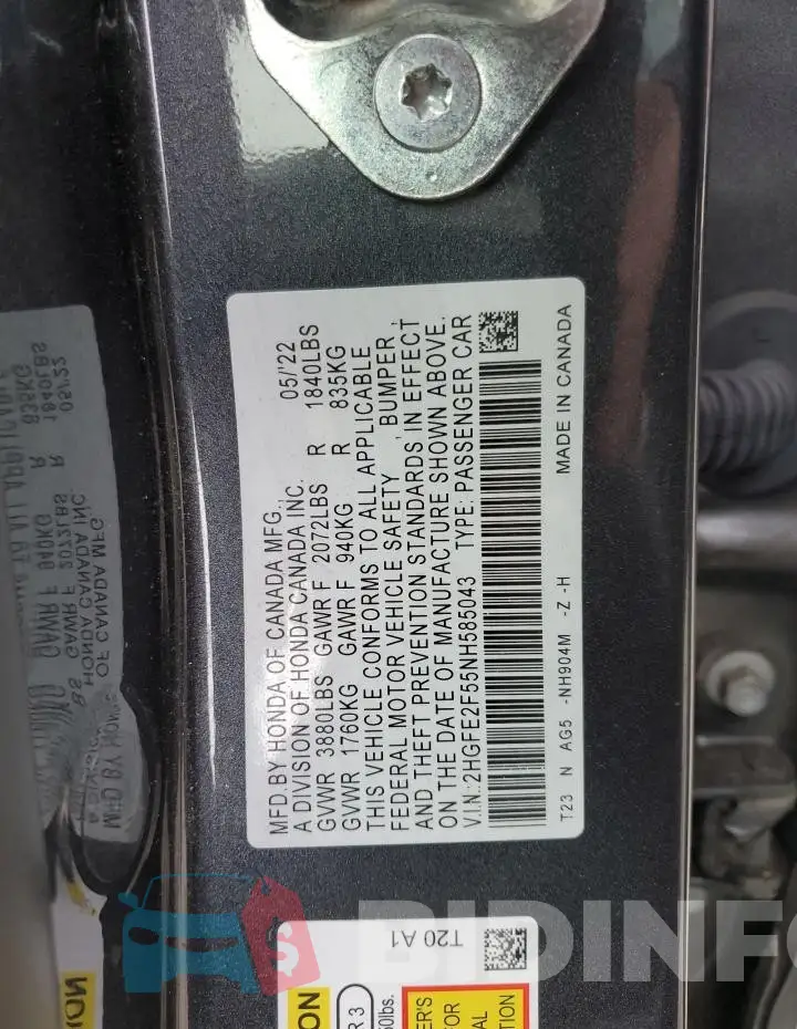 2HGFE2F55NH585043 Photo# 12