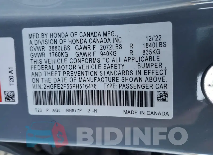 2HGFE2F56PH516476 Photo# 12