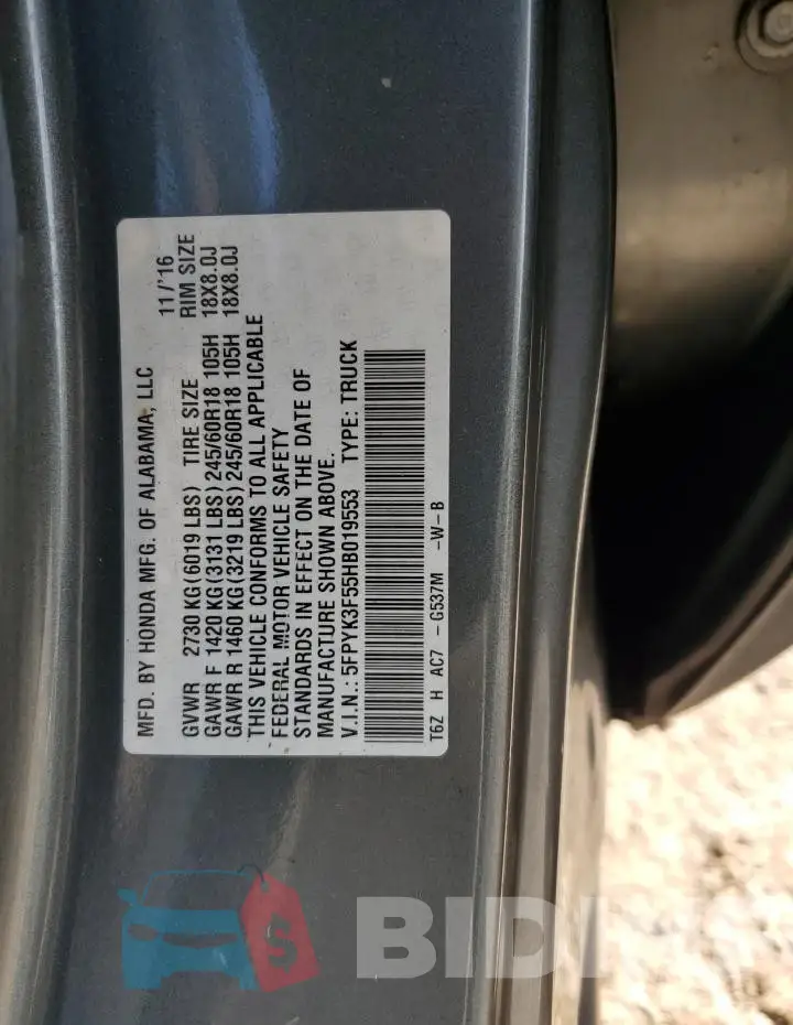5FPYK3F55HB019553 Photo# 12
