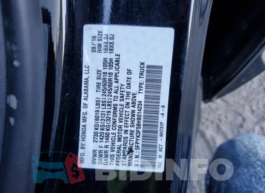 5FPYK3F58HB014234 Photo# 14