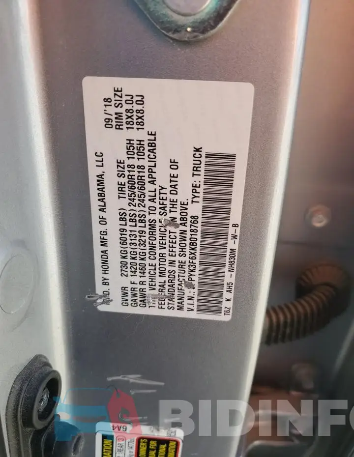 5FPYK3F6XKB018768 Photo# 13