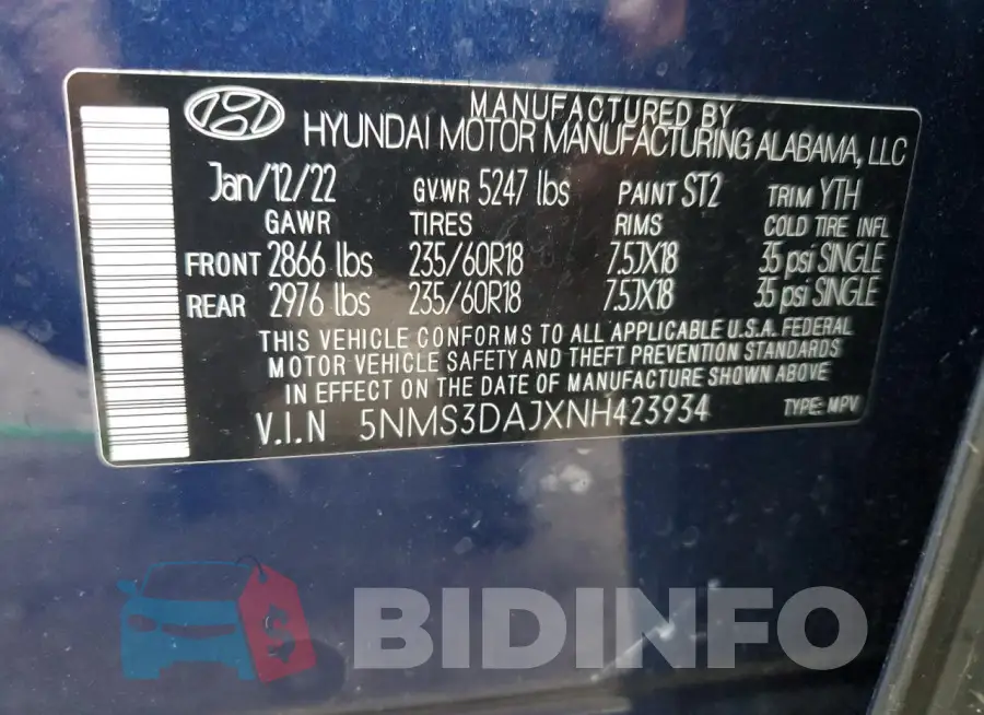 5NMS3DAJXNH423934 Photo# 13