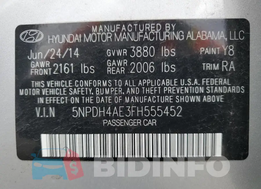 5NPDH4AE3FH555452 Photo# 12
