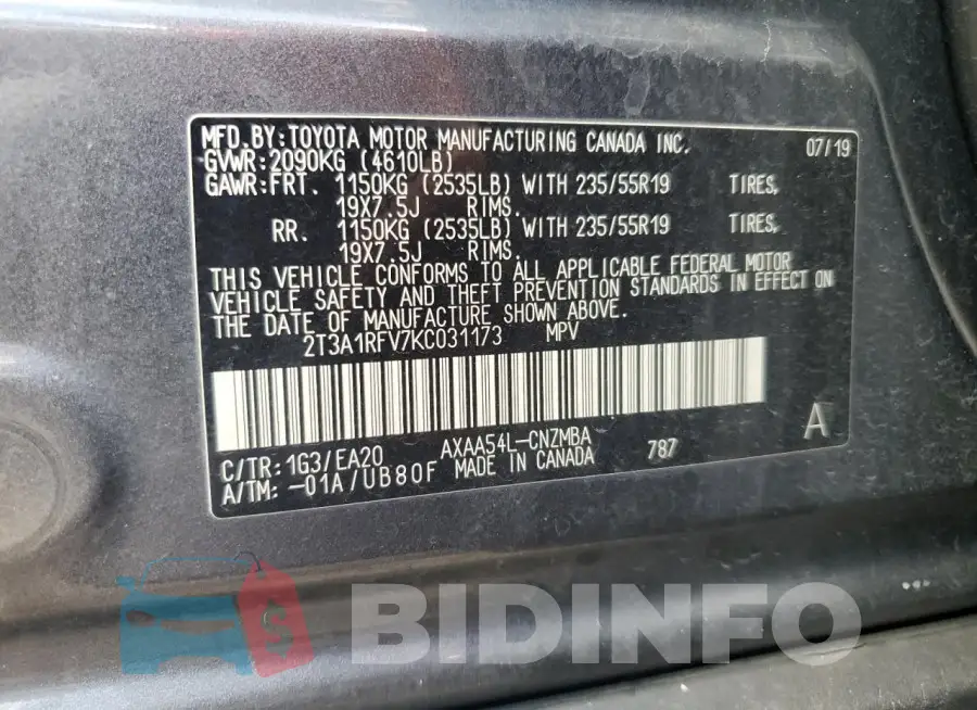 2T3A1RFV7KC031173 Photo# 14