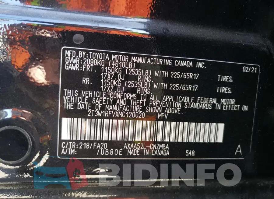 2T3W1RFVXMC120020 Photo# 12