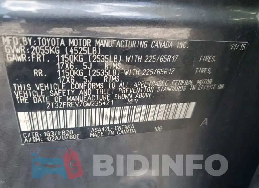 2T3ZFREV7GW235421 Photo# 13