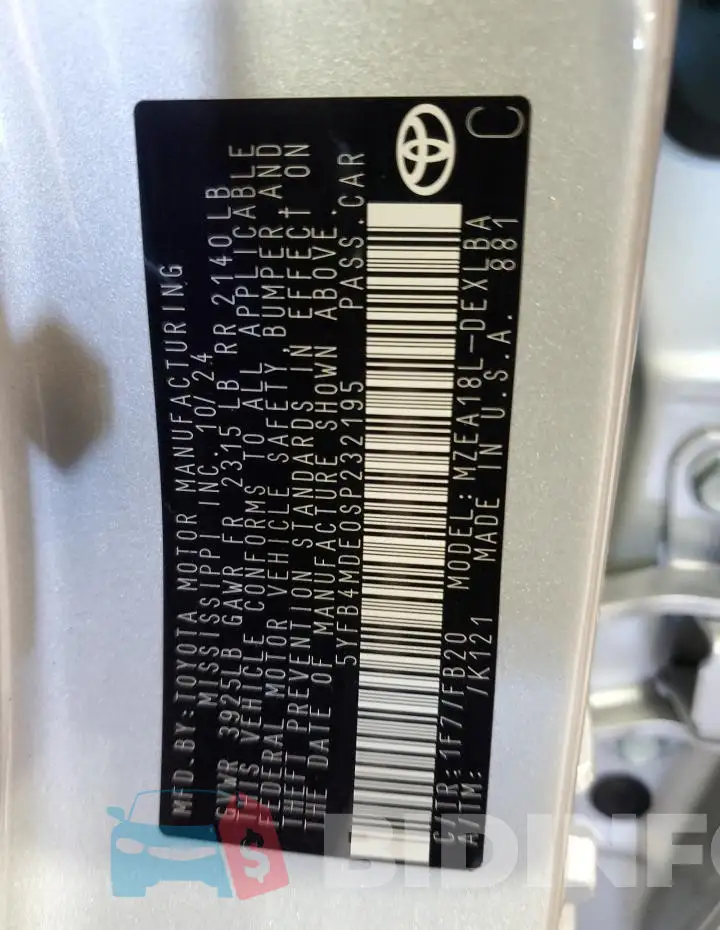 5YFB4MDE0SP232195 Photo# 12