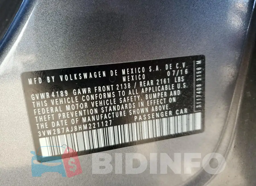 3VW2B7AJ8HM221127 Photo# 12