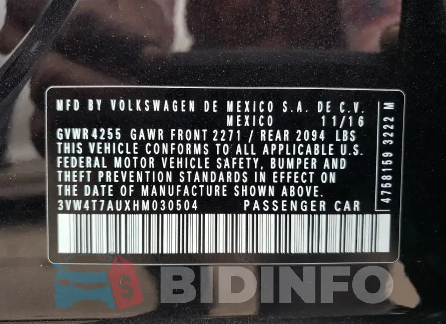 3VW4T7AUXHM030504 Photo# 12