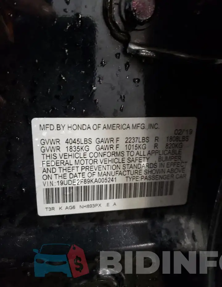 19UDE2F89KA005241 Photo# 13