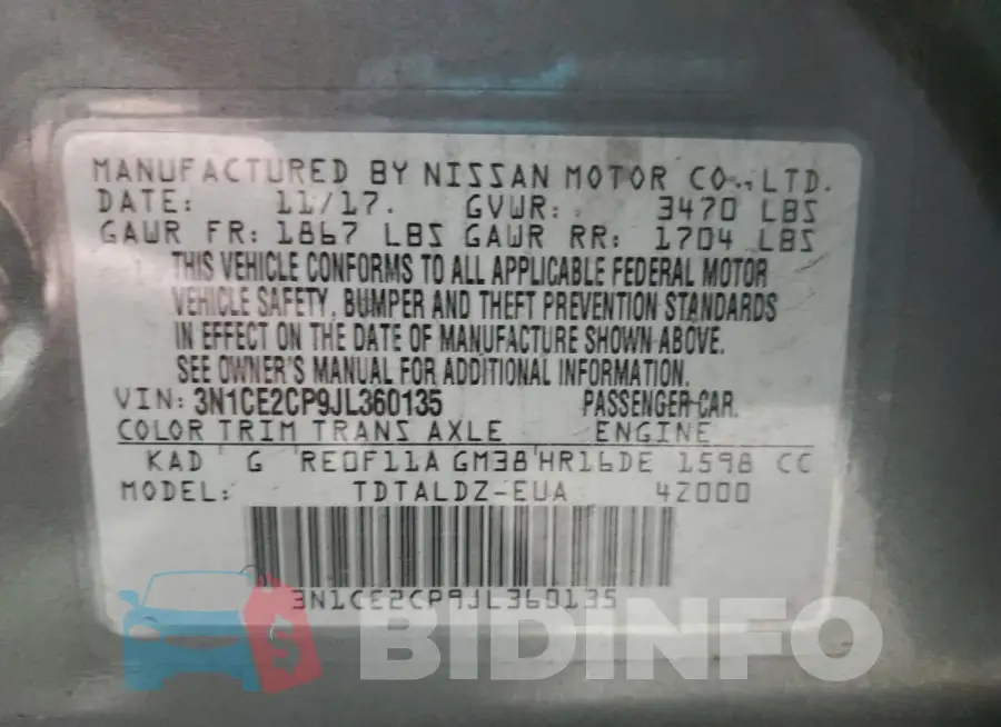 3N1CE2CP9JL360135 Photo# 12