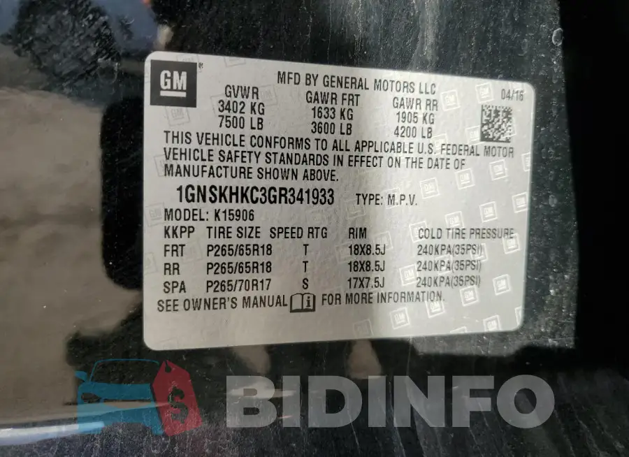 1GNSKHKC3GR341933 Photo# 13