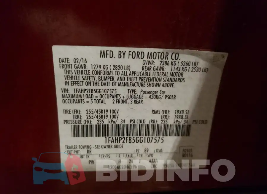 1FAHP2F85GG107575 Photo# 12