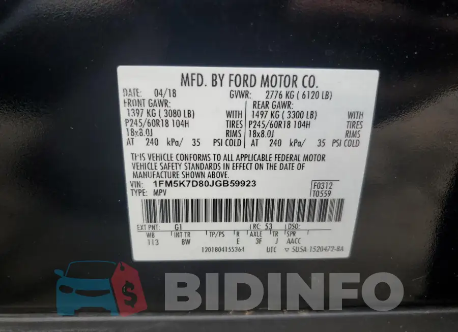 1FM5K7D80JGB59923 Photo# 13