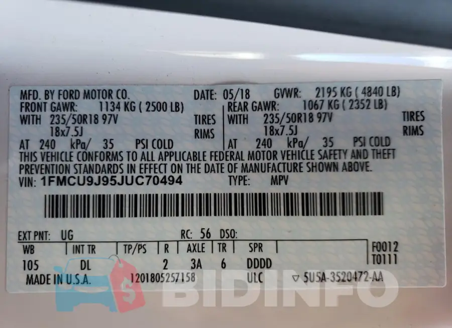 1FMCU9J95JUC70494 Photo# 14