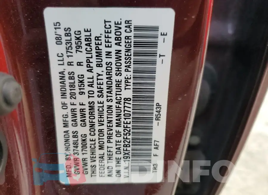 19XFB2F52FE107778 Photo# 12