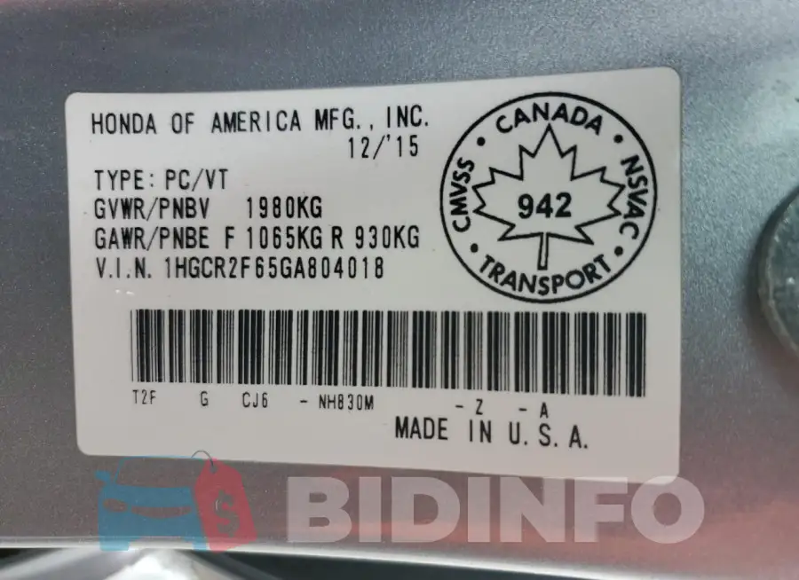 1HGCR2F65GA804018 Photo# 12
