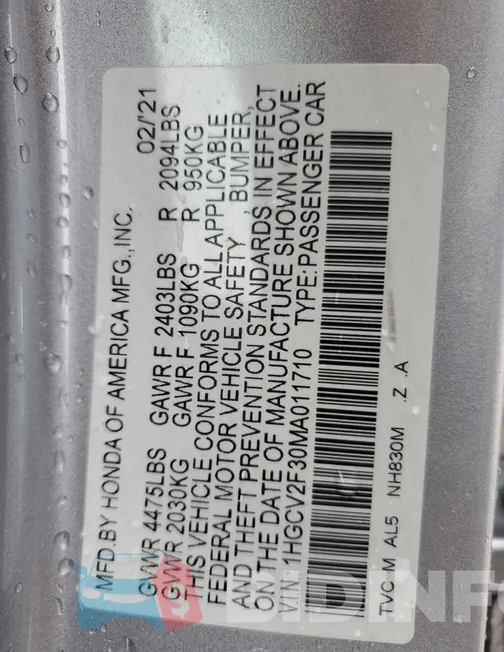 1HGCV2F30MA011710 Photo# 12