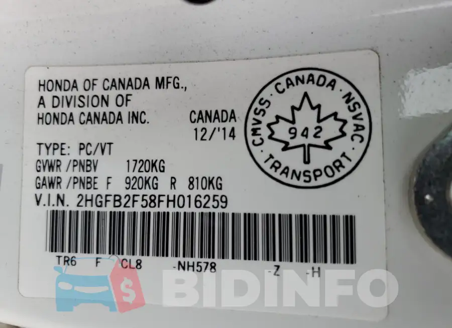 2HGFB2F58FH016259 Photo# 12