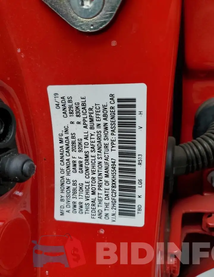 2HGFC2F8XKH554947 Photo# 12