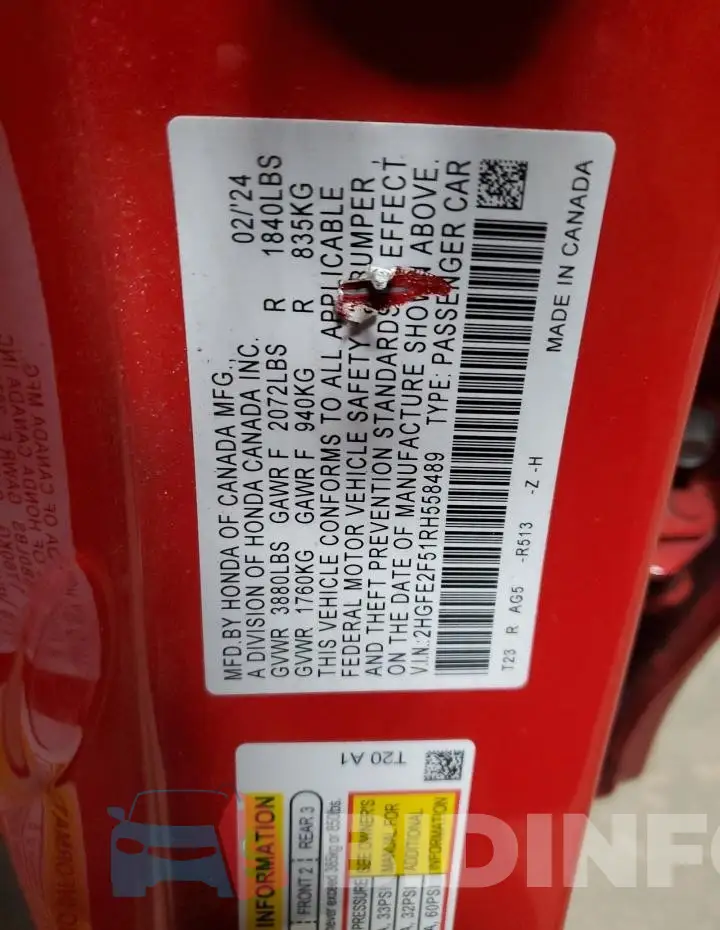2HGFE2F51RH558489 Photo# 13