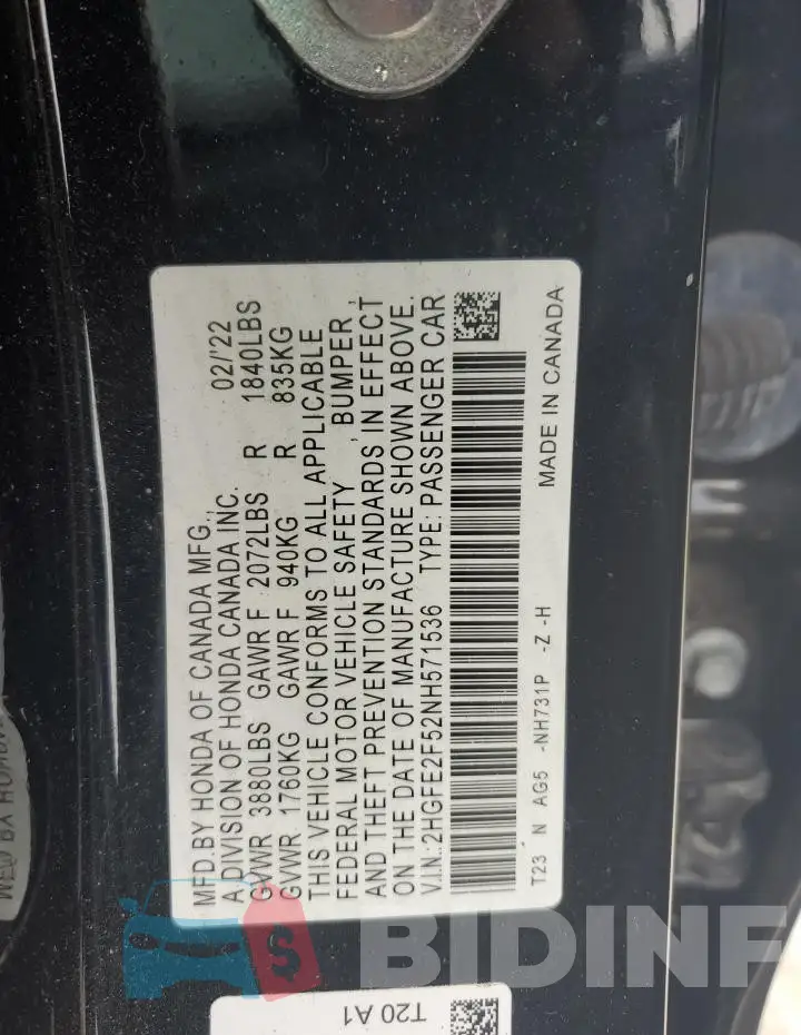 2HGFE2F52NH571536 Photo# 12