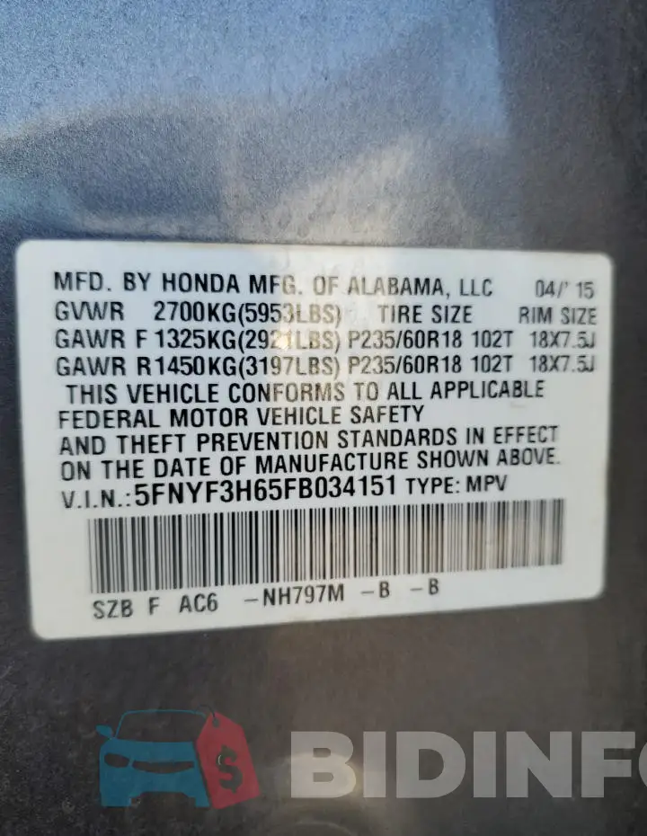 5FNYF3H65FB034151 Photo# 13