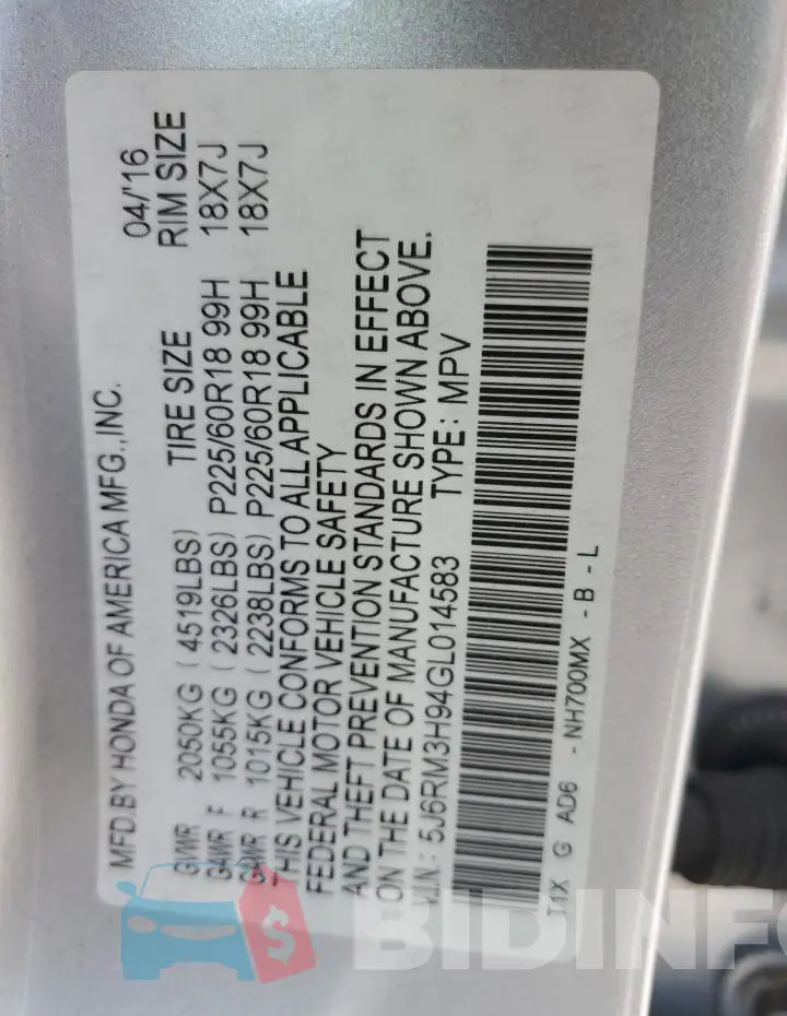 5J6RM3H94GL014583 Photo# 13