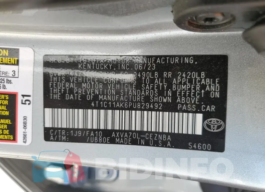 4T1C11AK6PU829492 Photo# 12